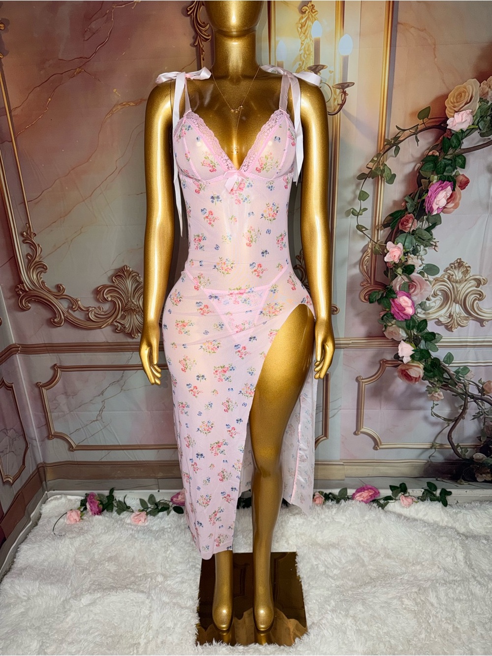 Blush Romance Floral Sheer Lace Gown & Matching Thong Set
